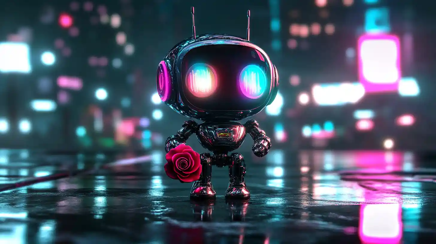 Tiny futuristic robot holding a single red rose