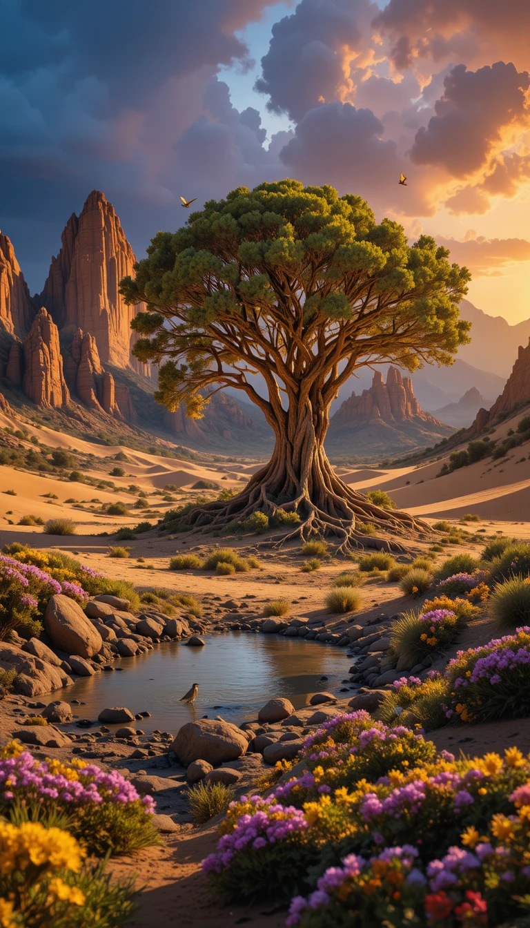 Golden desert cliffs with ancient tree and desert spring