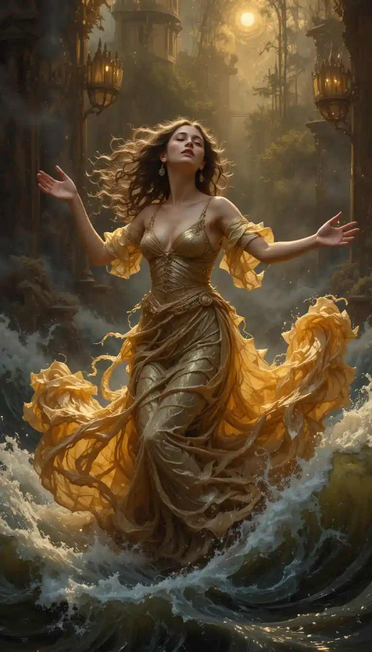 Woman Dancing On Dark Waves In Baroque Style