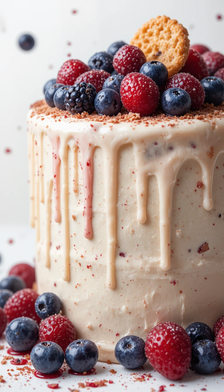 Pastel de postre de fantasía con crema goteando y frutos rojos frescos