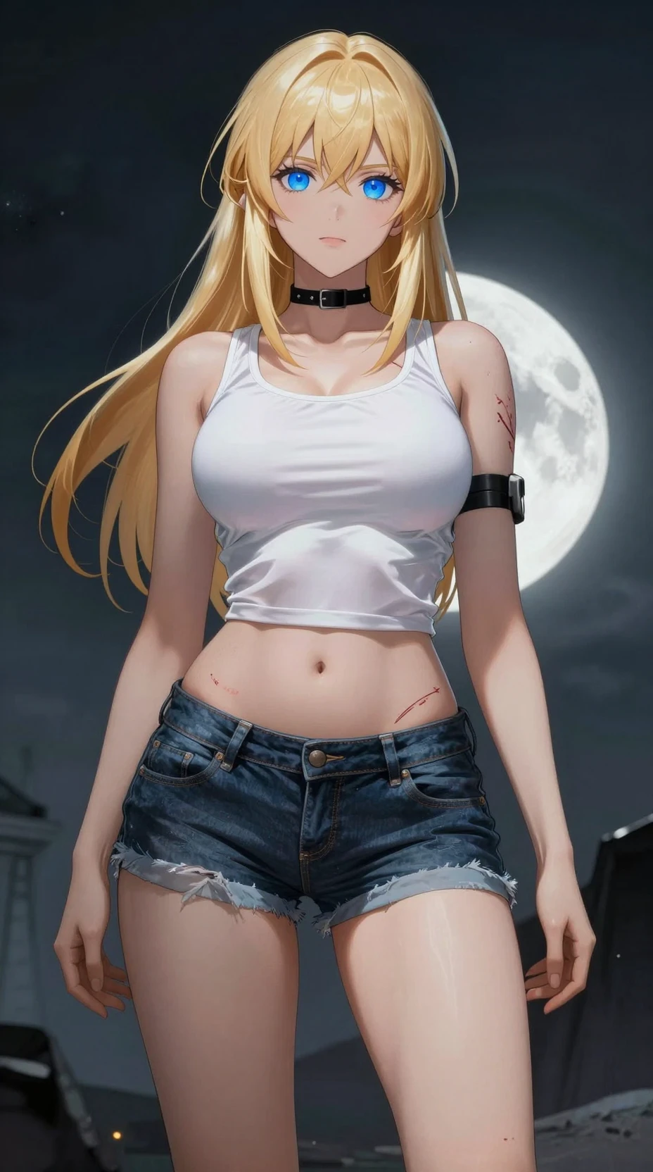 Heroína de anime rubia con traje ajustado frente a la luna