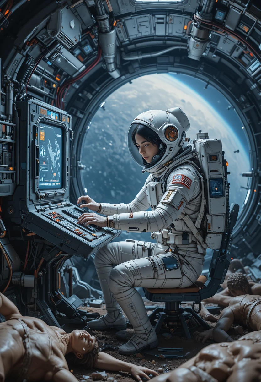 Female astronaut repairing console on titan space station