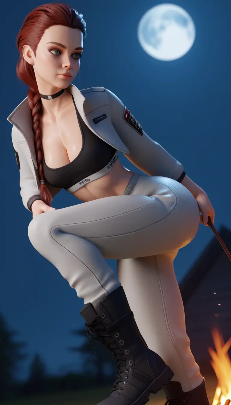 Artemis inspired huntress by campfire under full moon