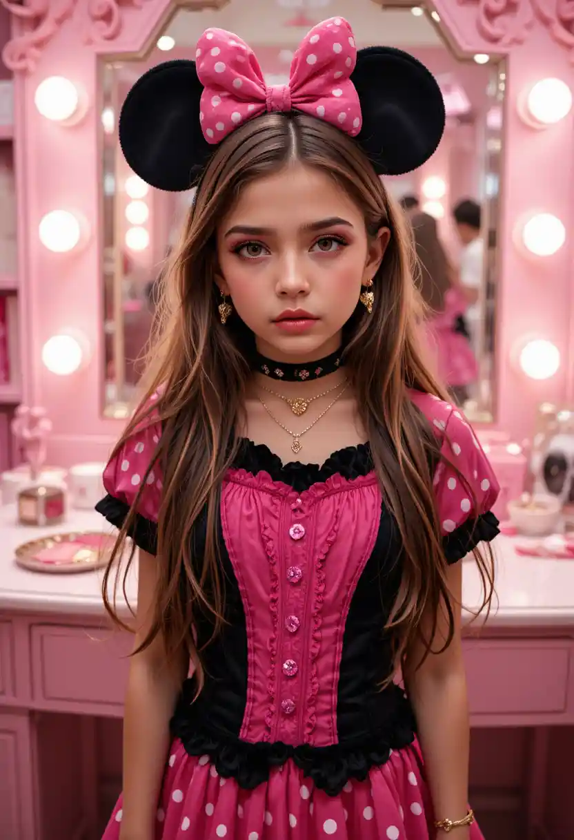 Niño preadolescente ansioso disfrazado de Minnie Mouse en boutique