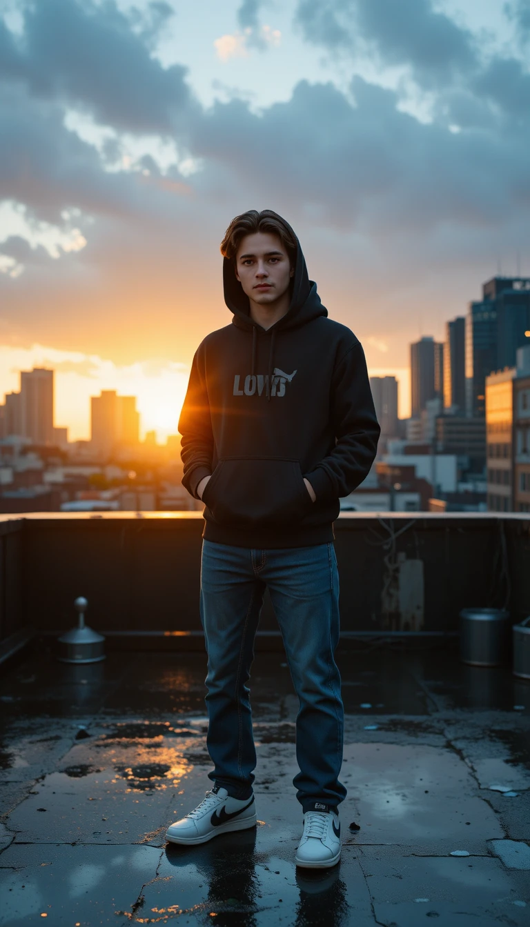 Giovane su un tetto bagnato con skyline della città al tramonto