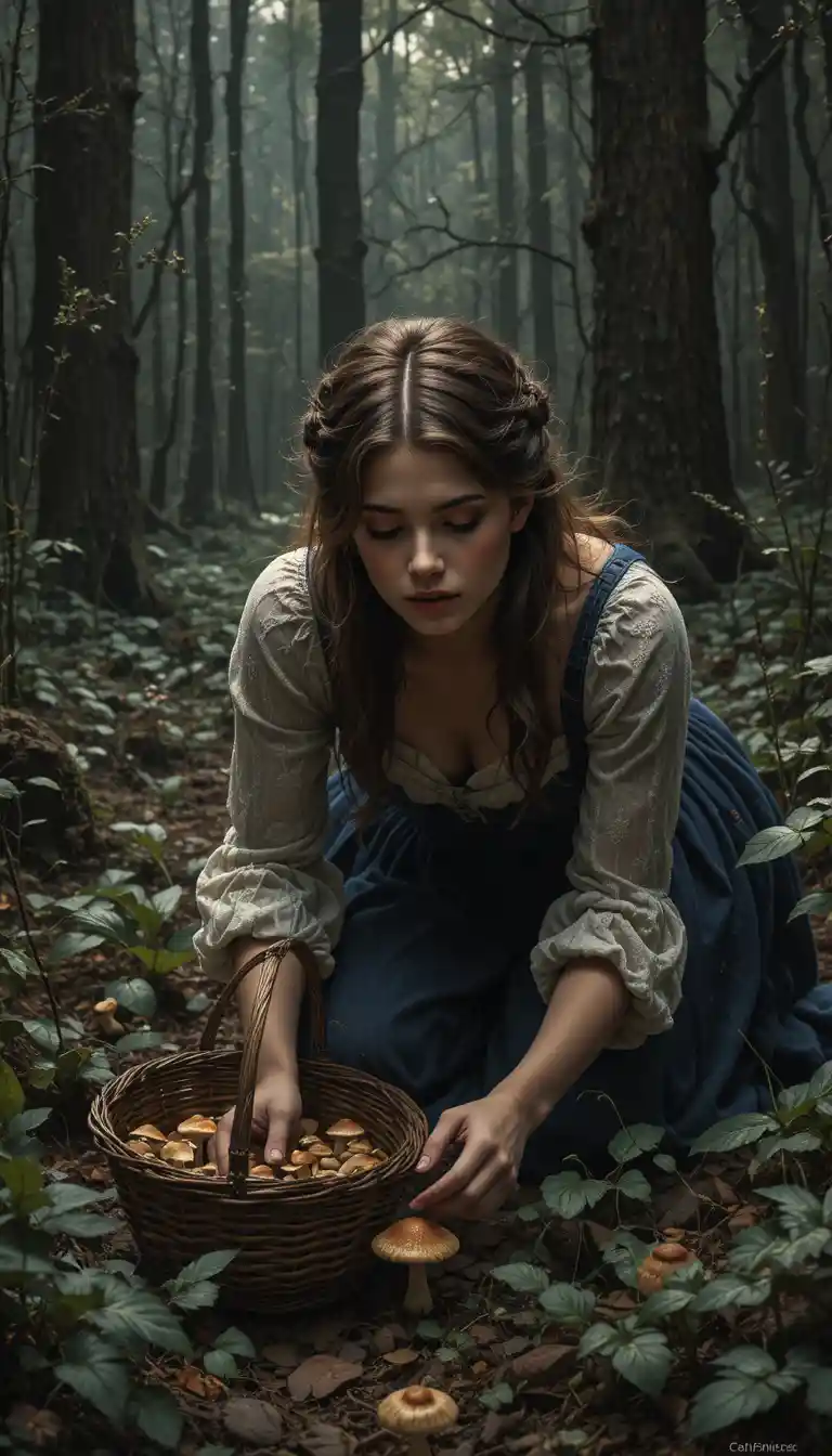 Woman crawling in a dark forest gathering mushrooms
