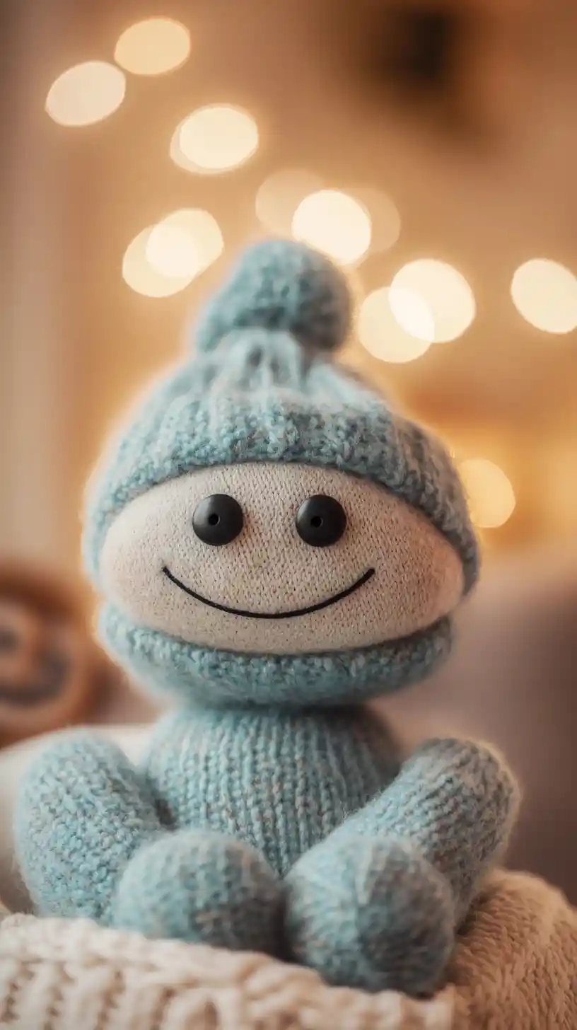 Cute sock puppet character in a cozy pastel room