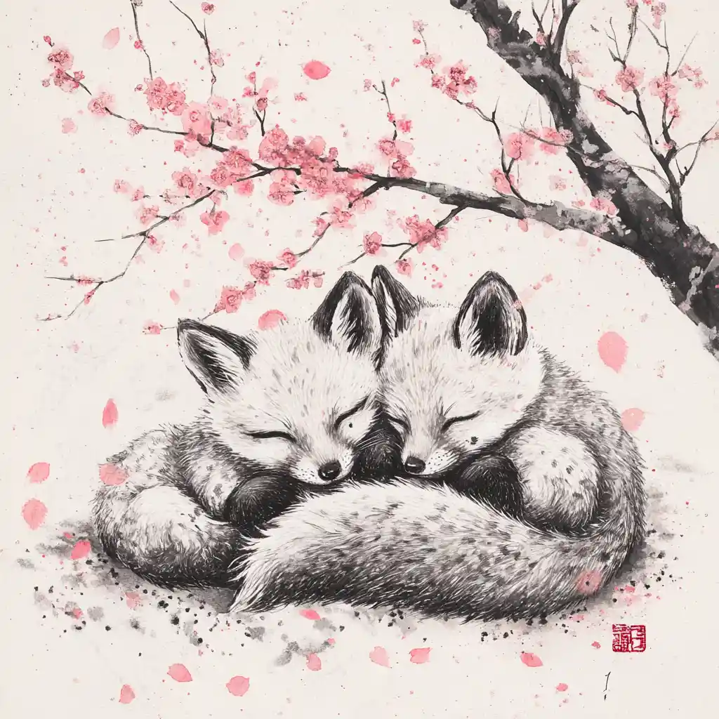 Playful fox kits cuddling beneath a spring cherry tree