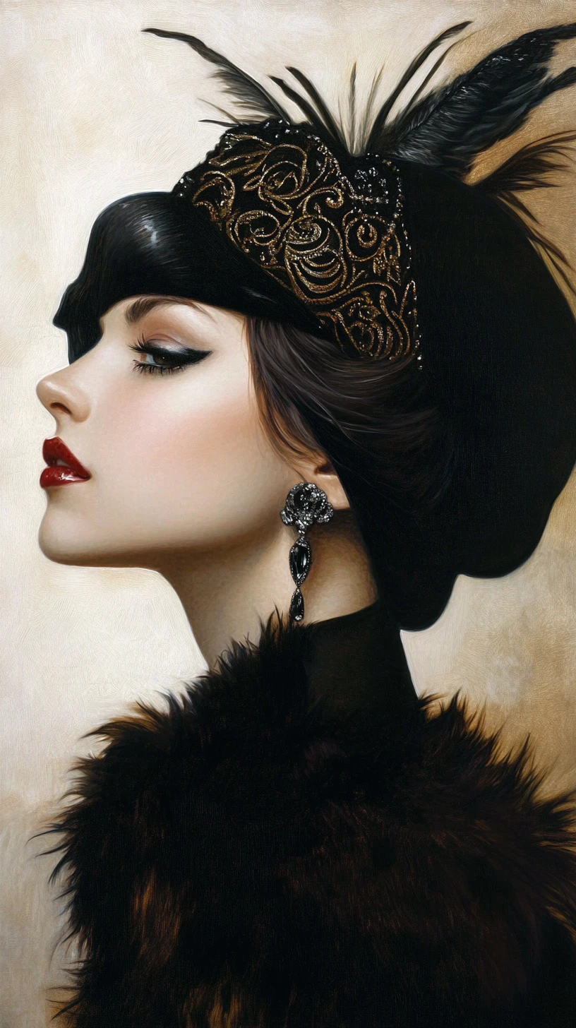 Vintage woman profile with fur and elegant 1920s styling