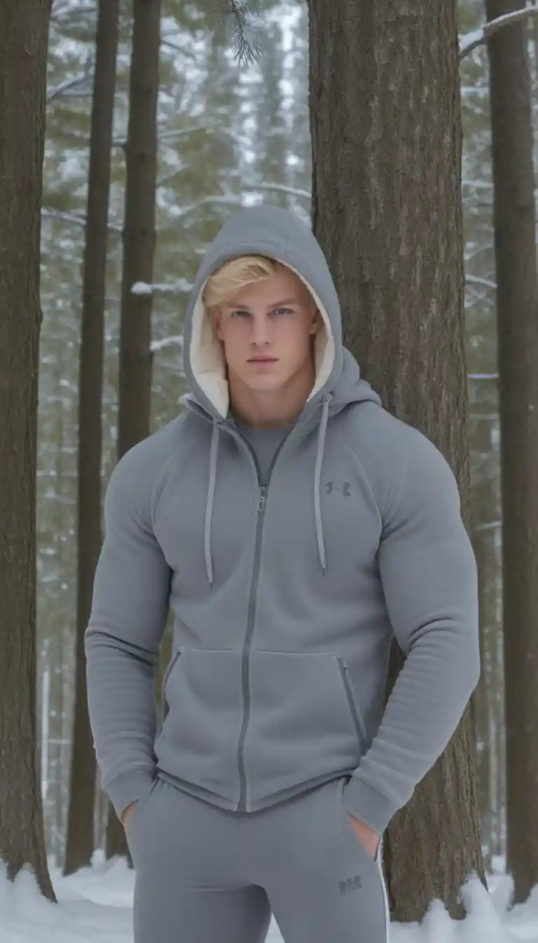 Blond young man in fleece tights in a snowy forest