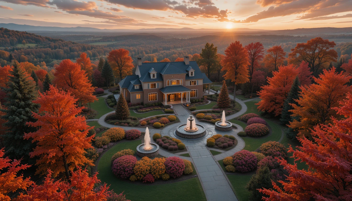 Aerial view of a house with autumn garden fountains