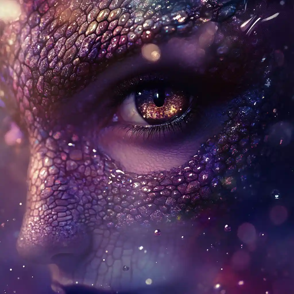 Surreal reptilian fairy portrait in dark mystical colors