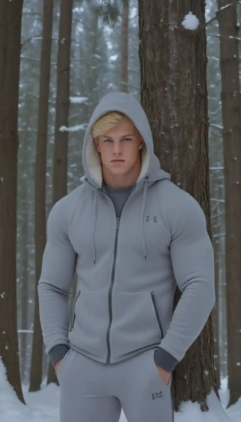 Blond young man in fleece tights in a snowy forest