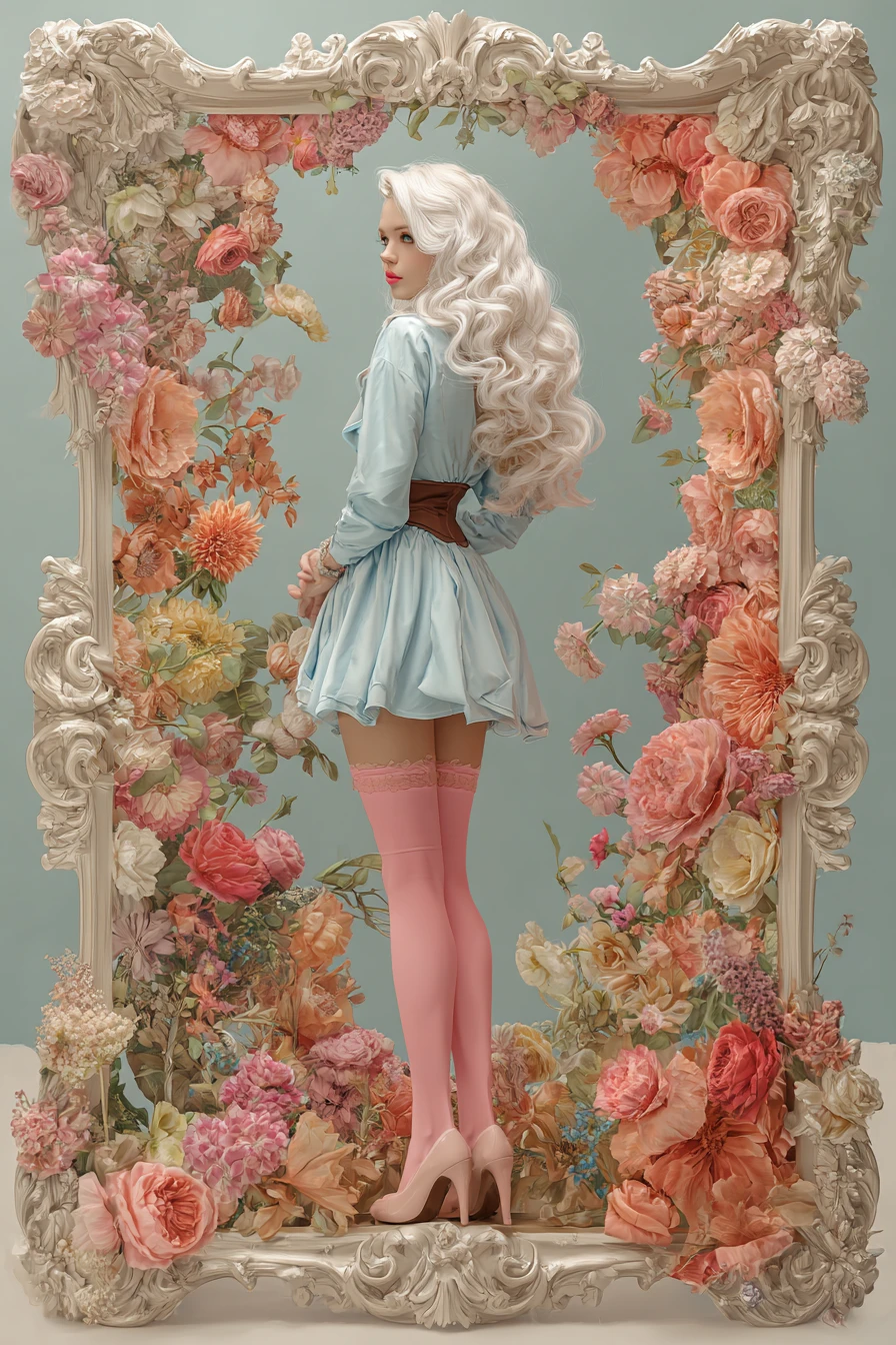Modern rococo girl with flowing white hair in flowers