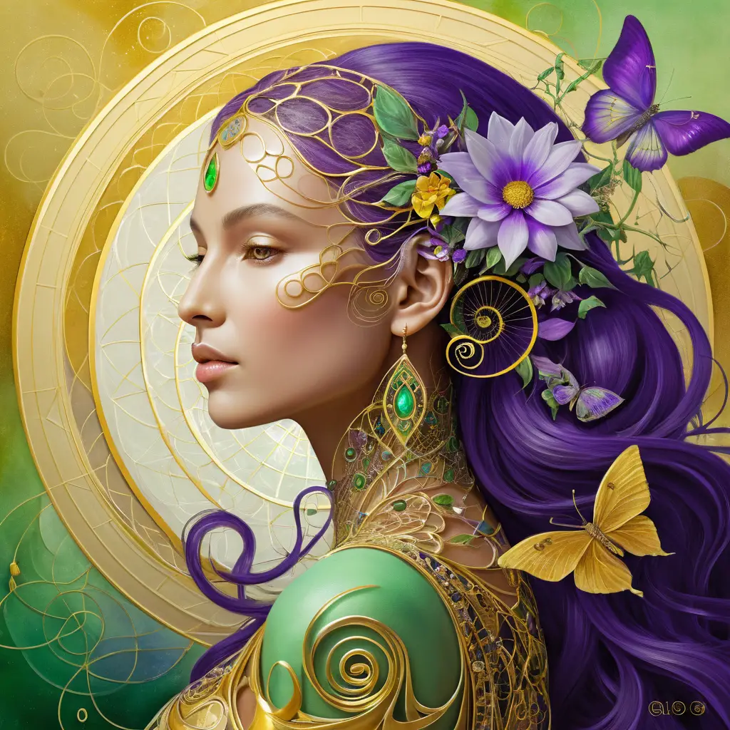 Fantasy woman amid golden floral harmonic energy