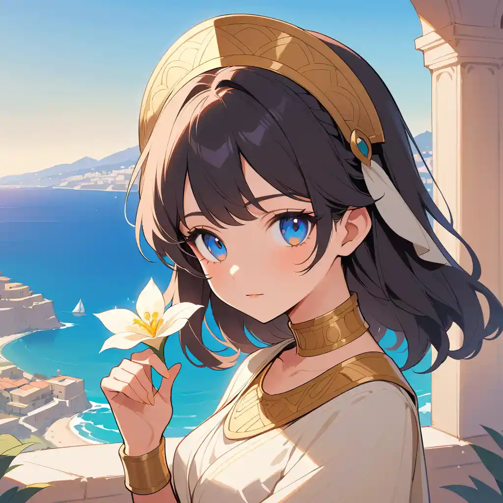 Young woman in Carthaginian headdress by the Mediterranean sea