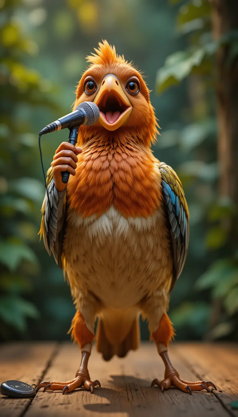 Lively songbird singing into a microphone on stage