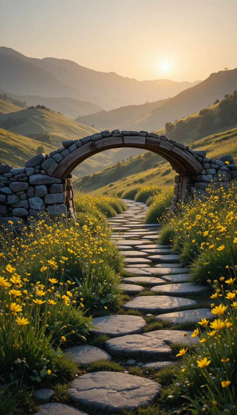 Puente rústico de madera sobre sendero de piedra en un prado de flores silvestres