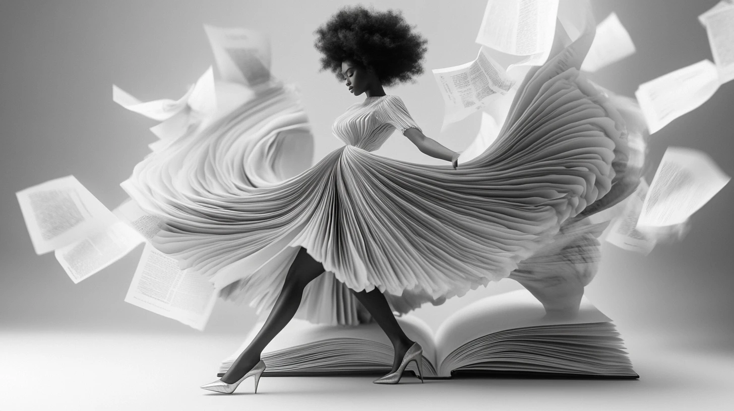 Femme noire surréaliste surgissant d’un vaste livre ouvert