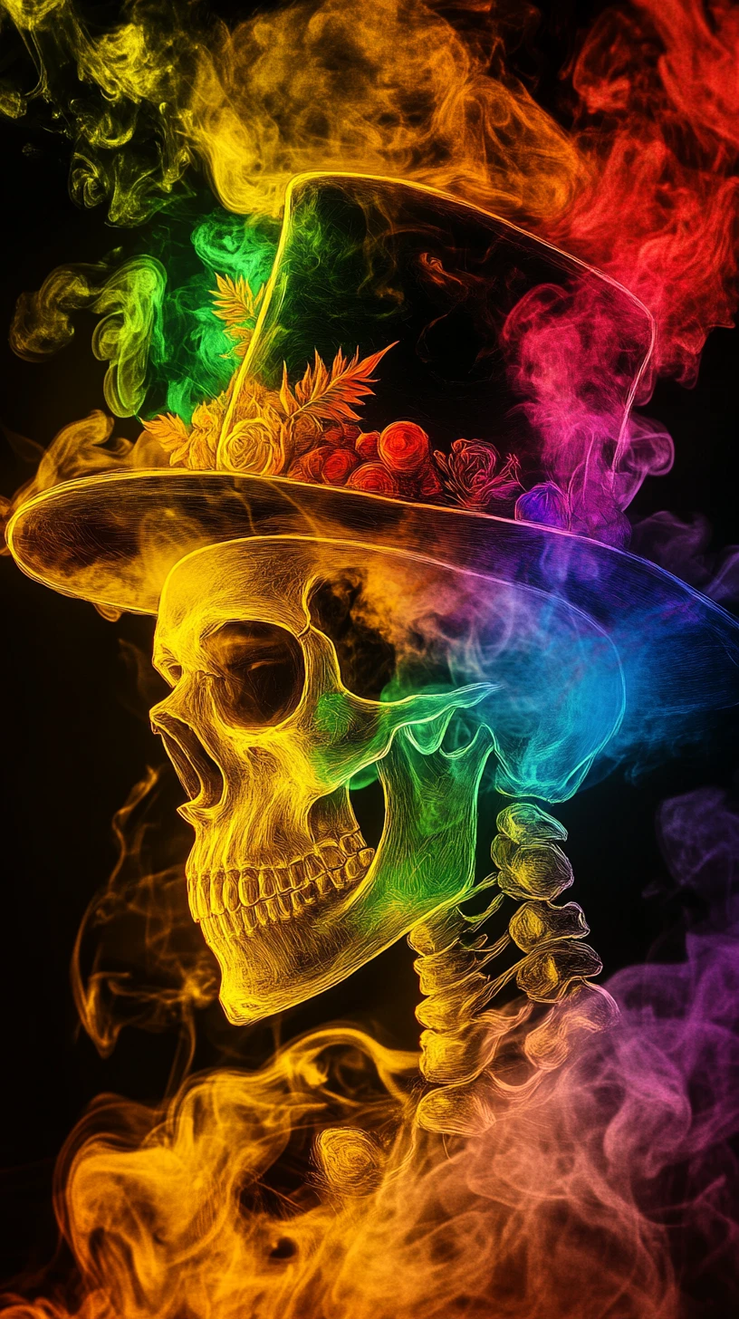 Teschio arcobaleno al neon con fumo ardente e silhouette di strega