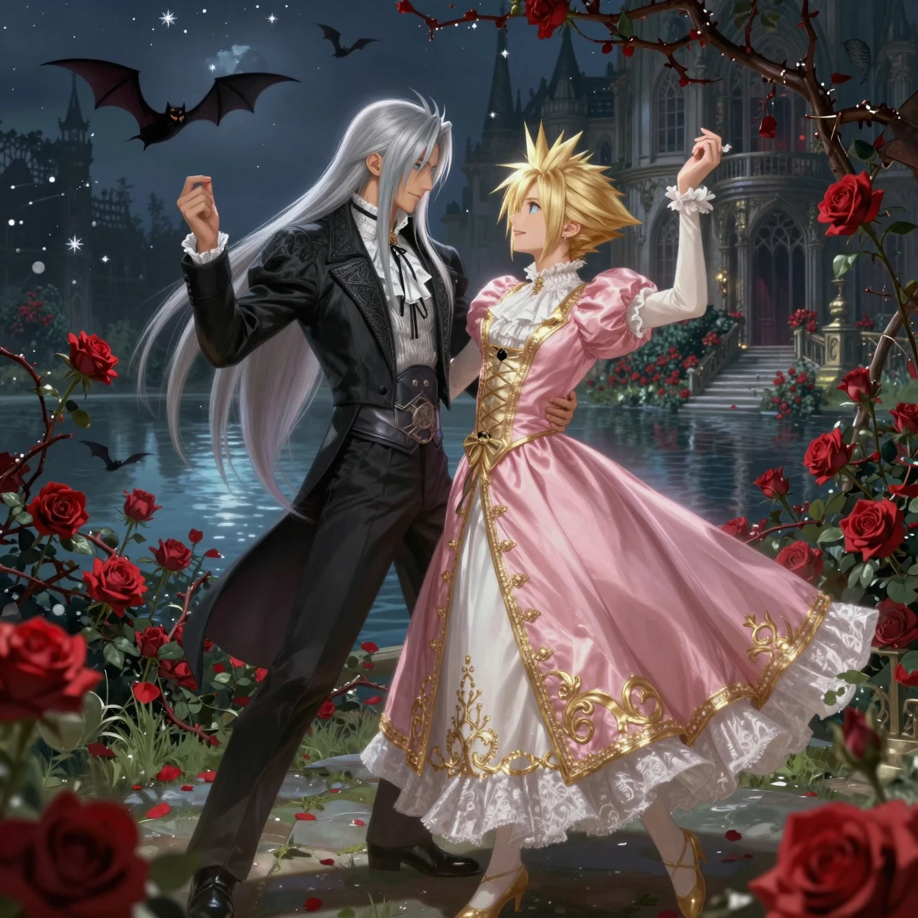 Two elegant young men dancing together by a moonlit lake