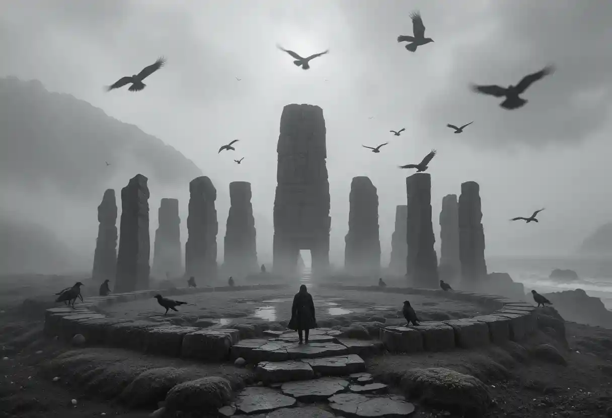 Mystic ravens gather around ancient standing stones in mist