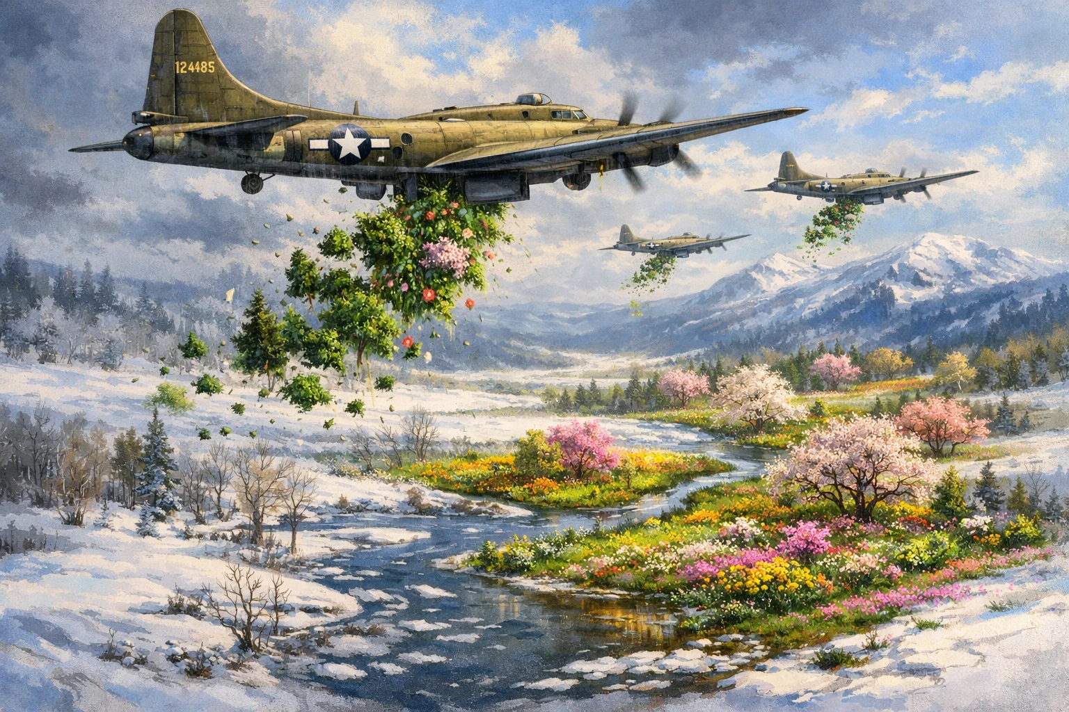 Bombardero de la Segunda Guerra Mundial esparciendo primavera sobre un valle invernal