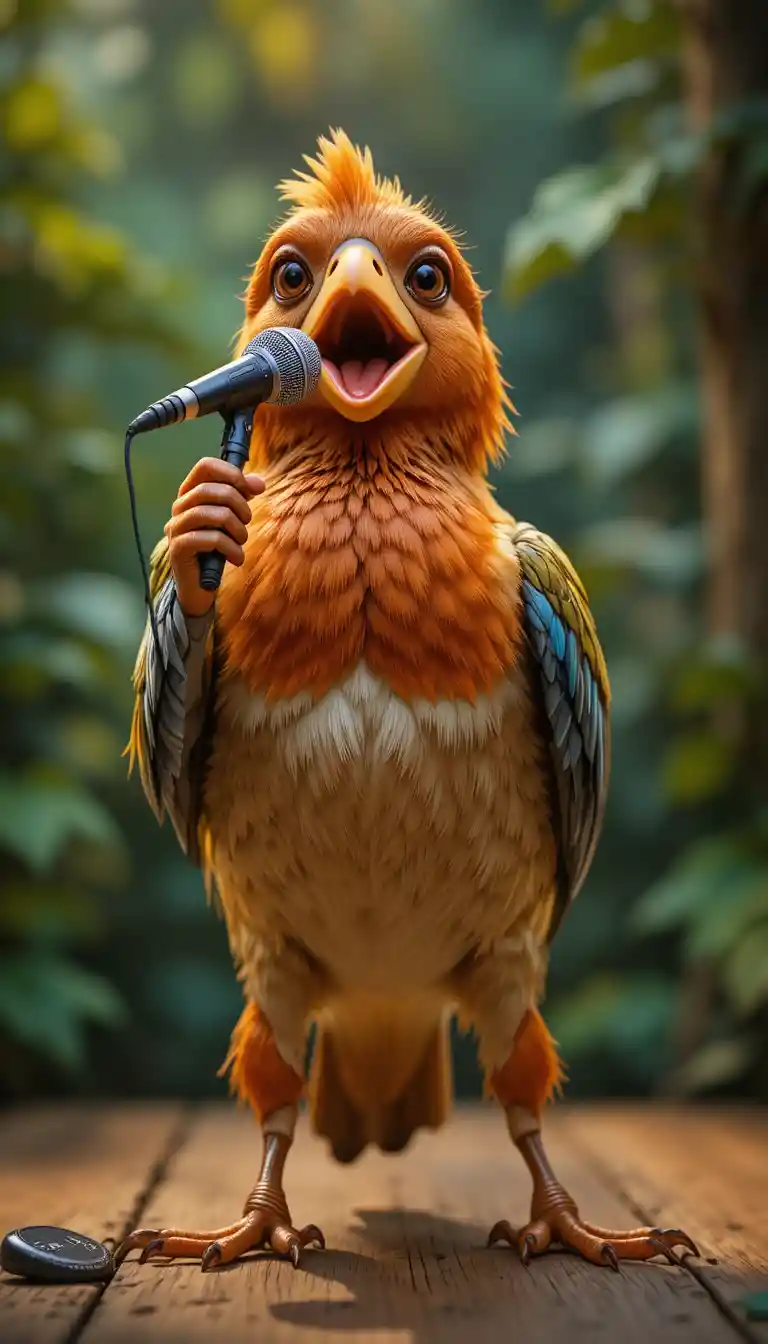 Lively songbird singing into a microphone on stage