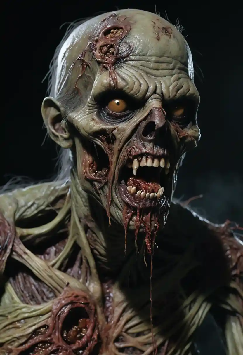 Grotesque hyper realistic zombie with rotting flesh falling away