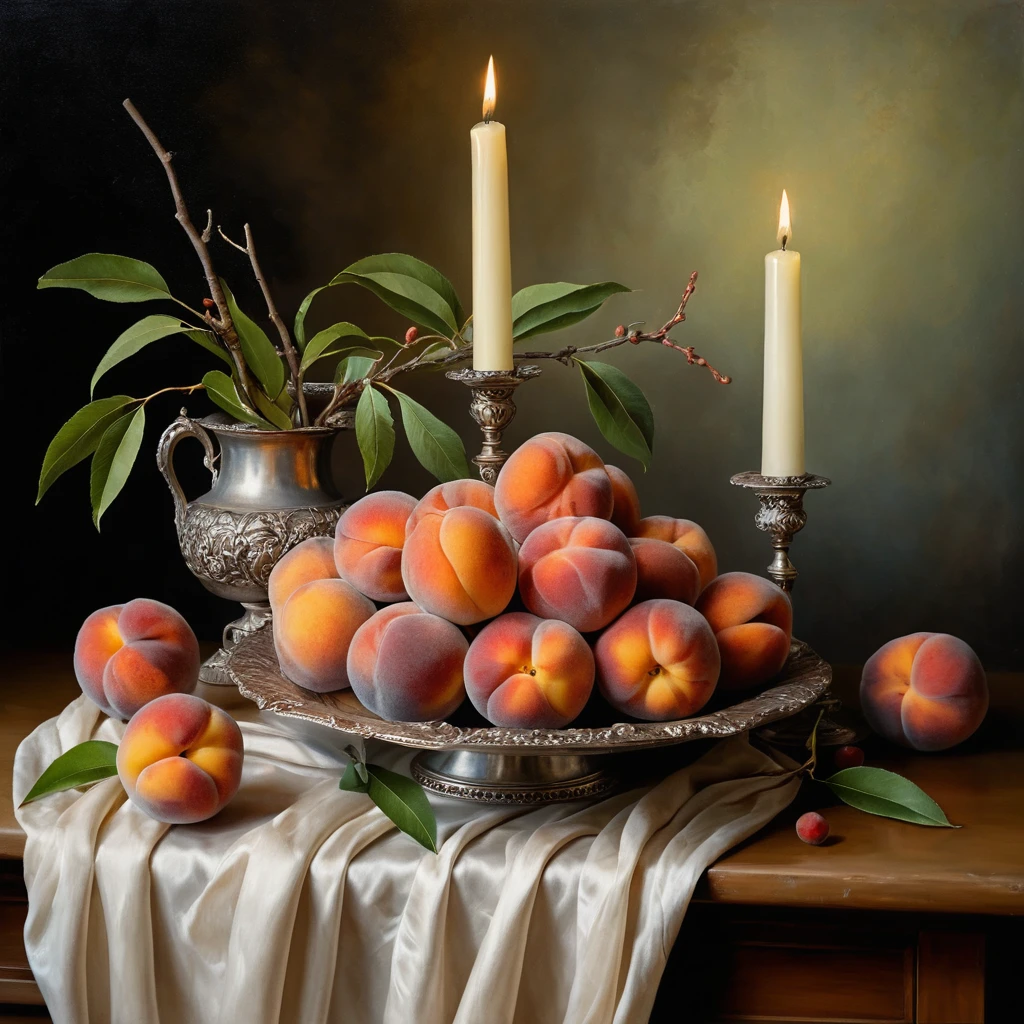 Classical still life of ripe peaches with candlelight glow