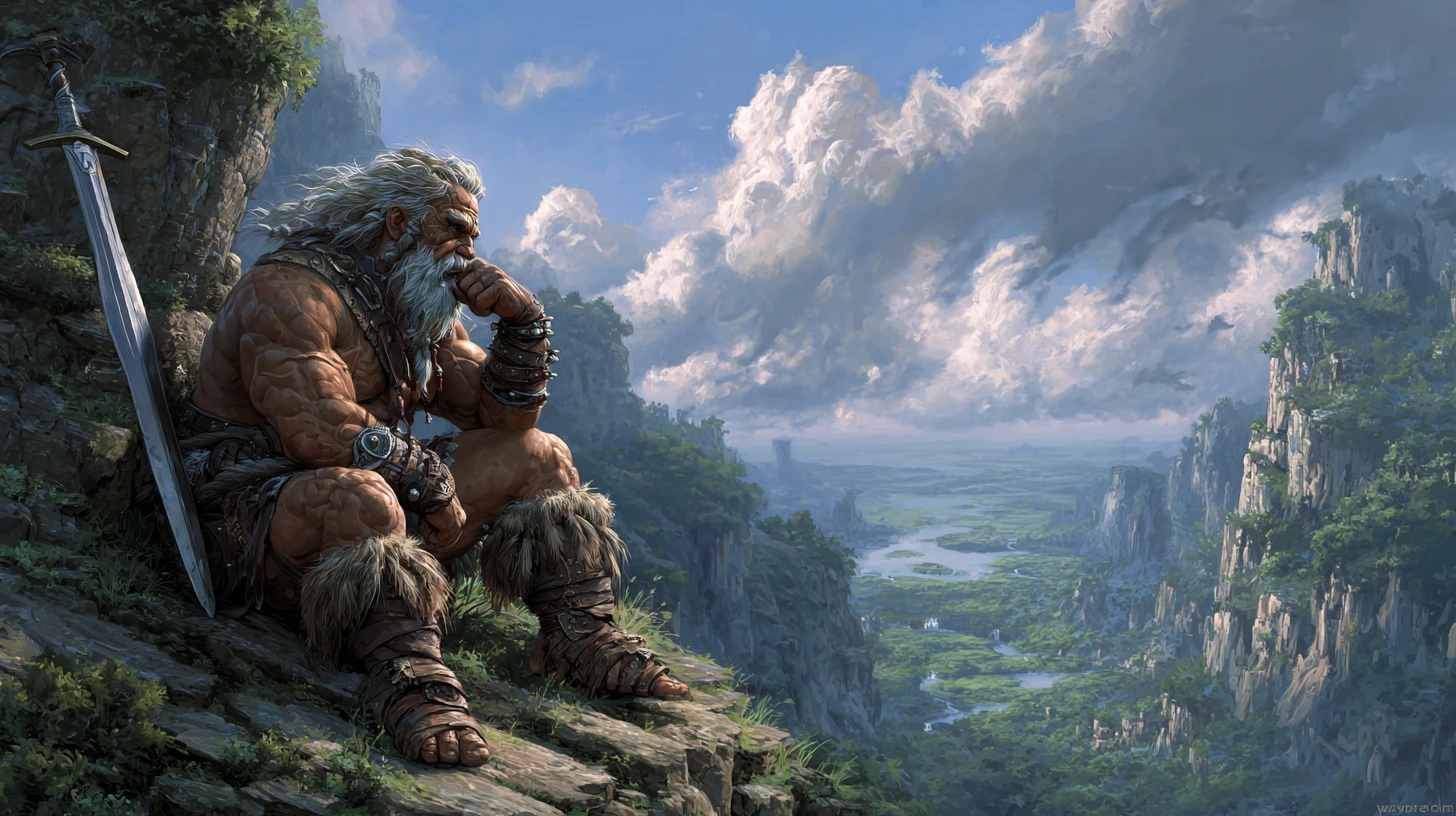 Ancient warrior resting with sword above a peaceful valley