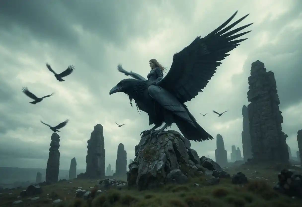 Donna mistica che cavalca un corvo gigante sopra antiche pietre