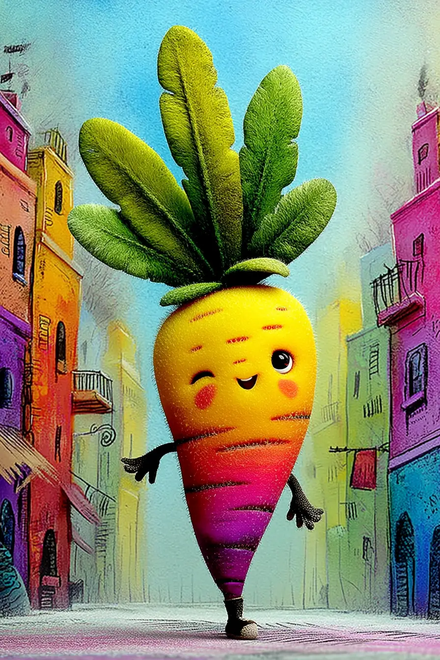 Happy carrot character walking through a bright city street