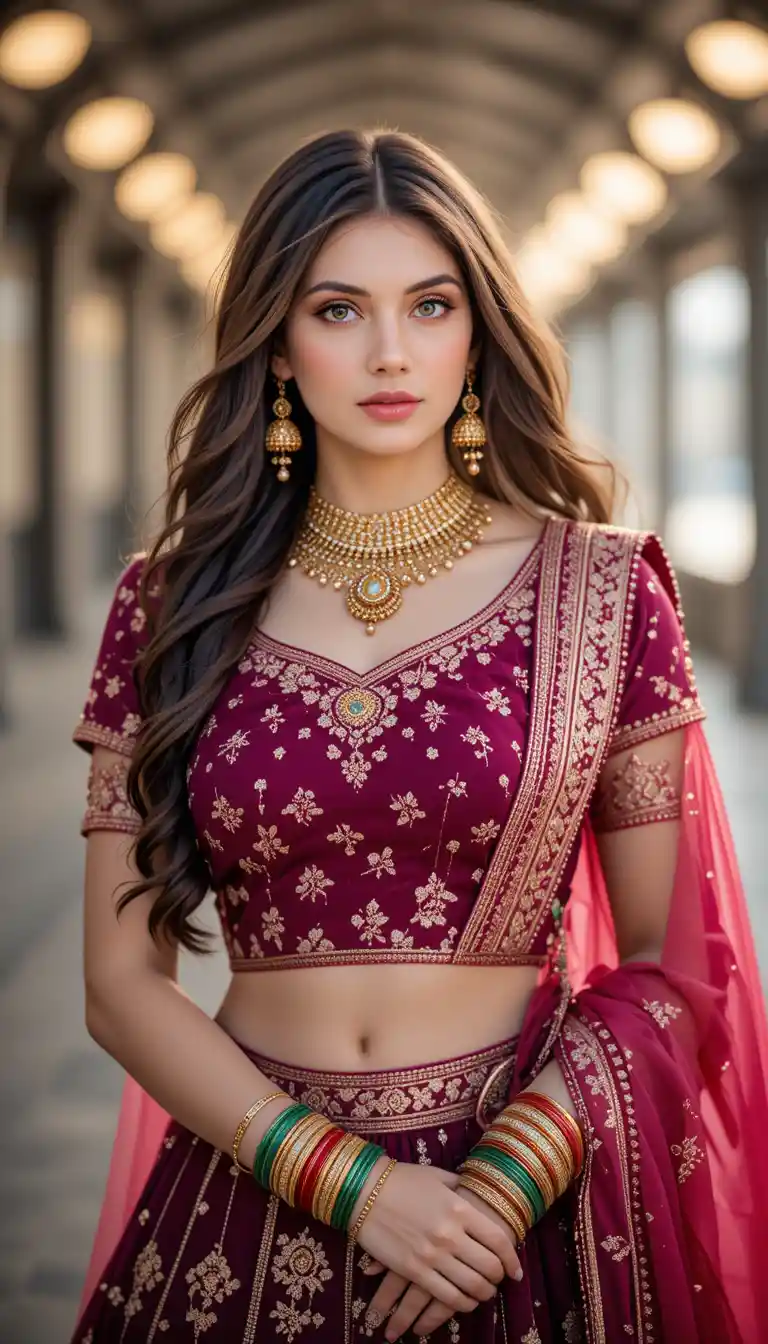 Ritratto di donna sudasiatica serena in lehenga tradizionale
