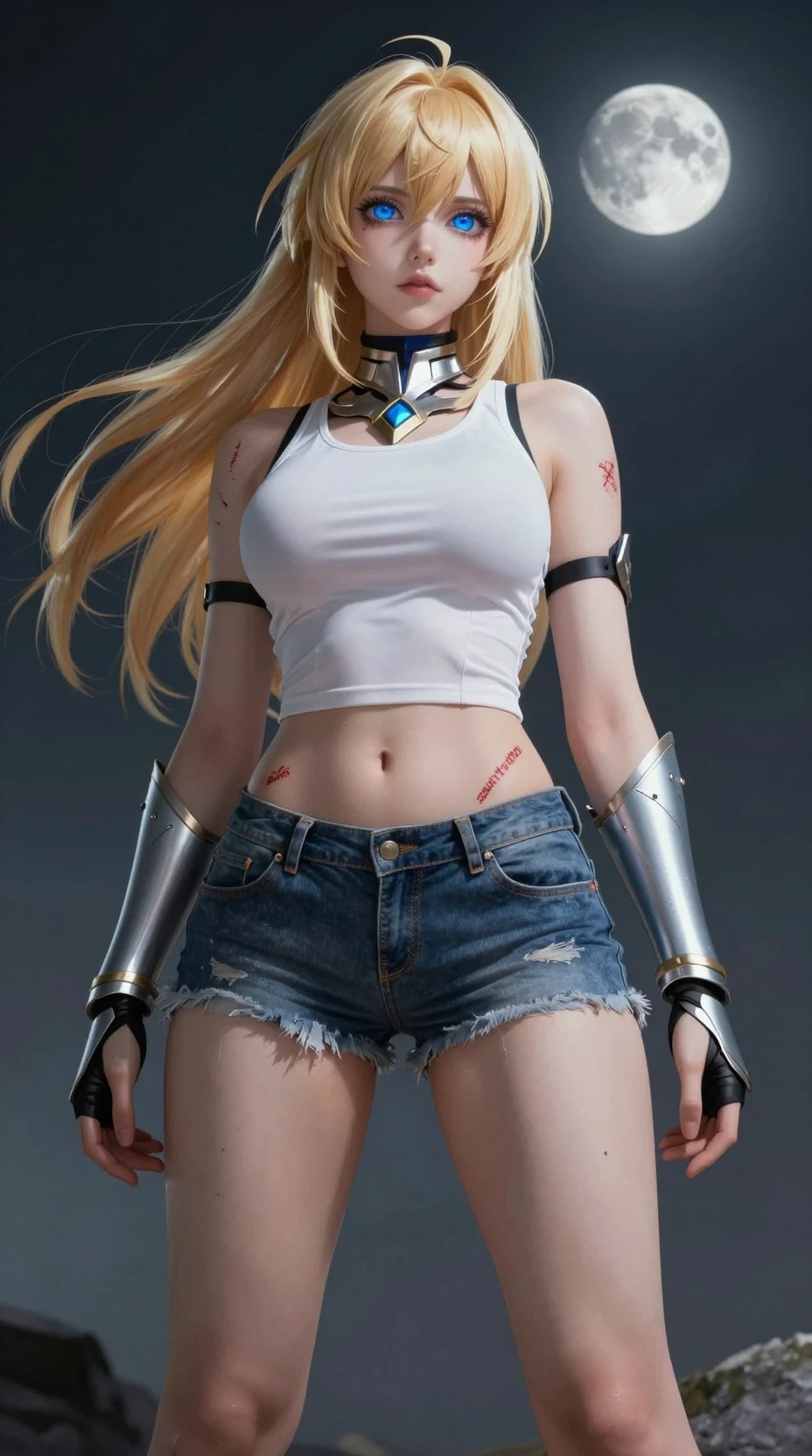 Blonde anime heroine in tank top under the moon