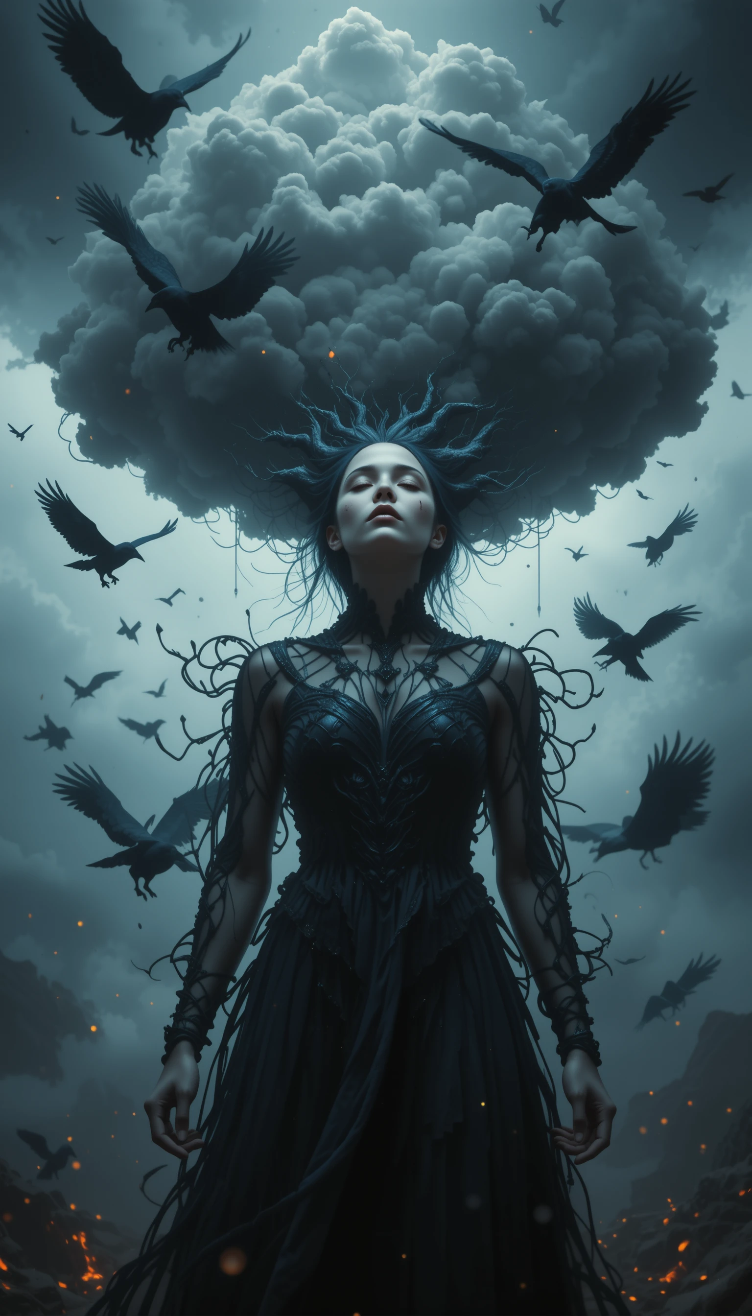 Androgynous mystic with storm cloud head and ravens