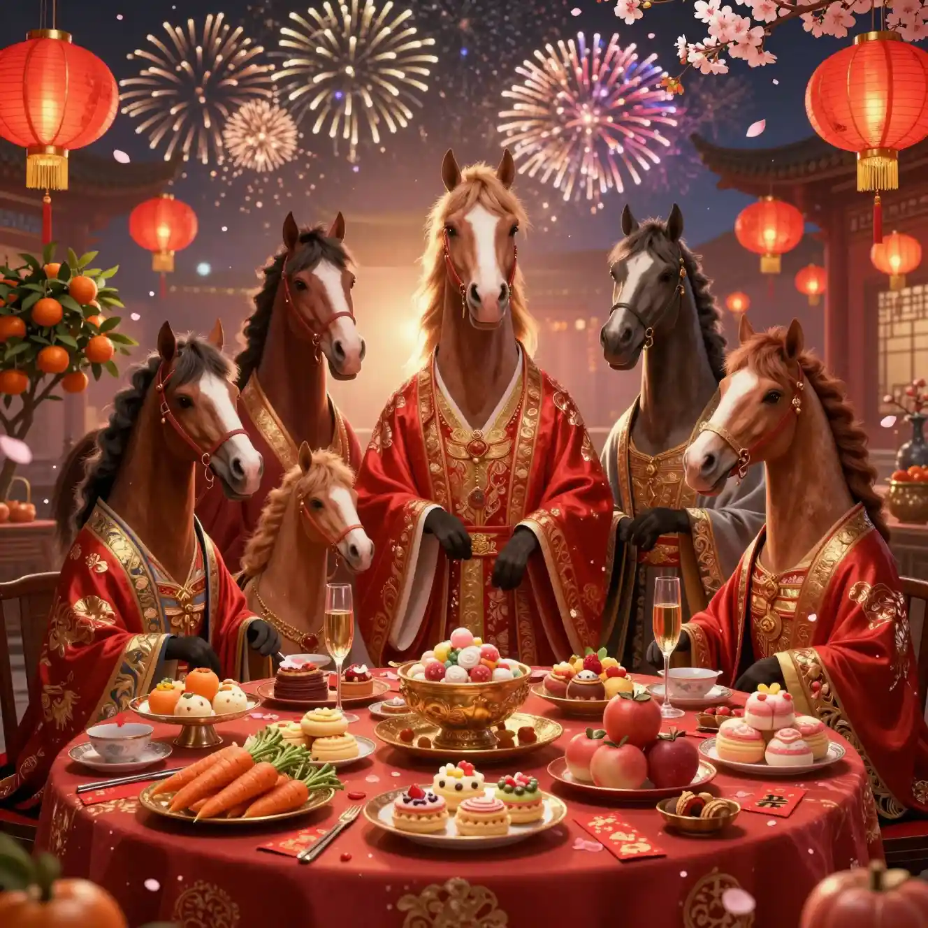 Caballos antropomórficos celebrando un festivo banquete de Año Nuevo chino