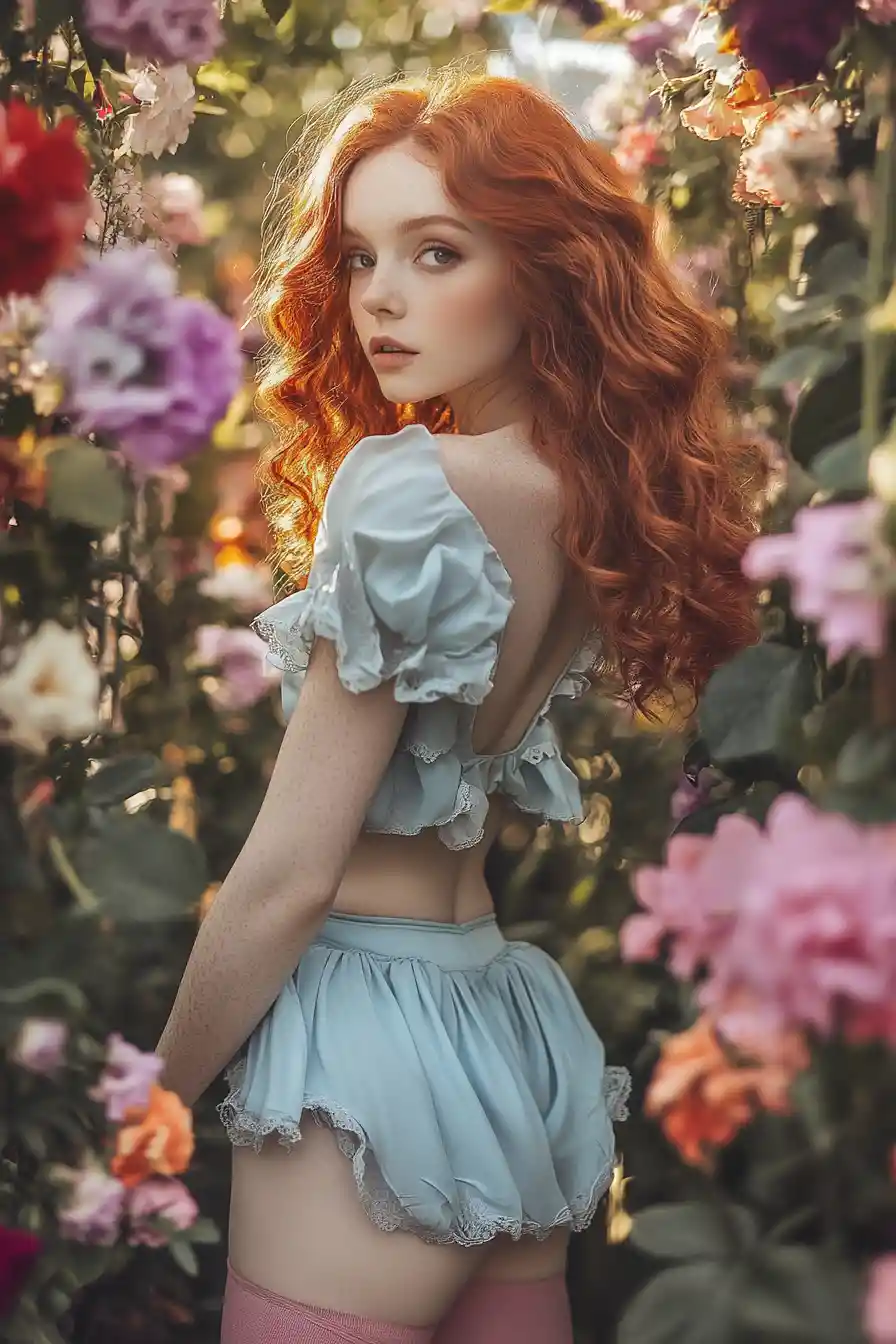 Red haired girl in rococo inspired floral portrait