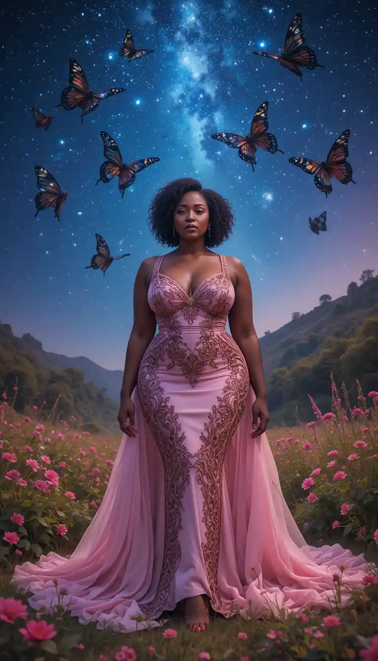 African woman in sexy butterfly dress under starry night sky