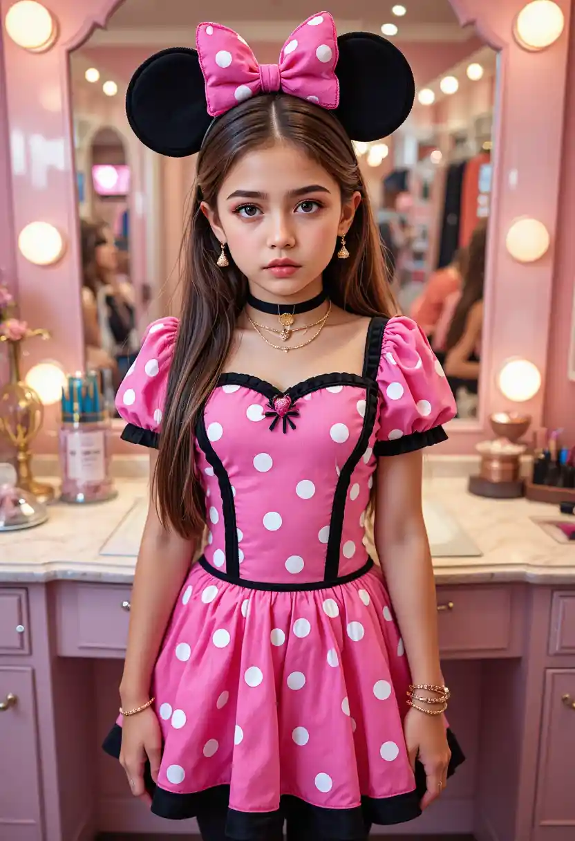 Anxious tween in Minnie Mouse outfit at boutique vanity