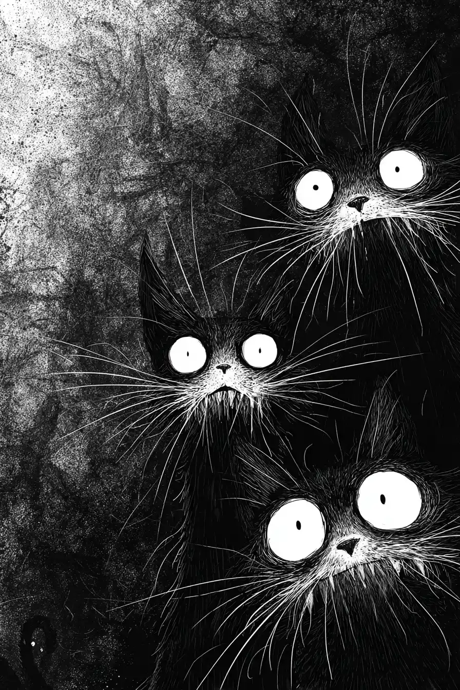 Three creepy humanoid cats with gaping jaws in smoke