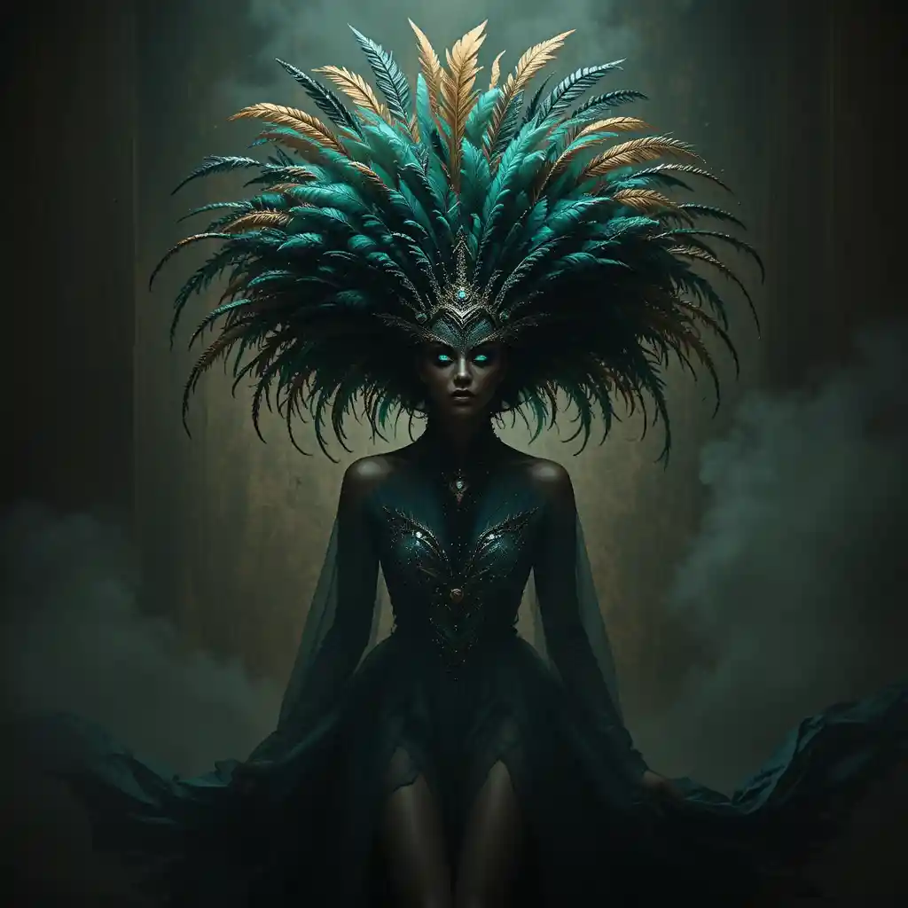 Mysterious carnival woman in feathers with dramatic shadows