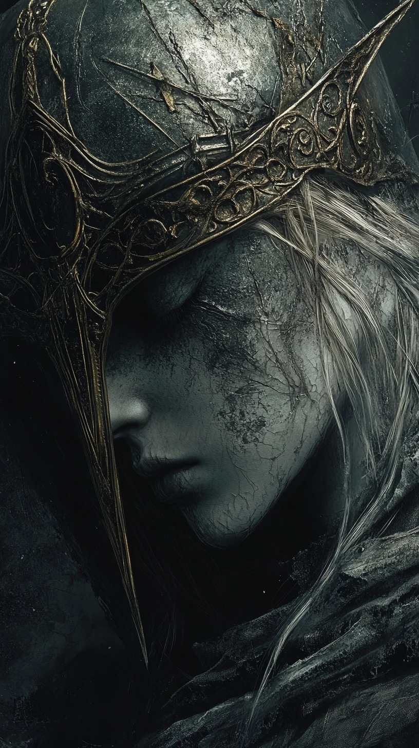 Wounded fantasy queen lying on a dark stone floor