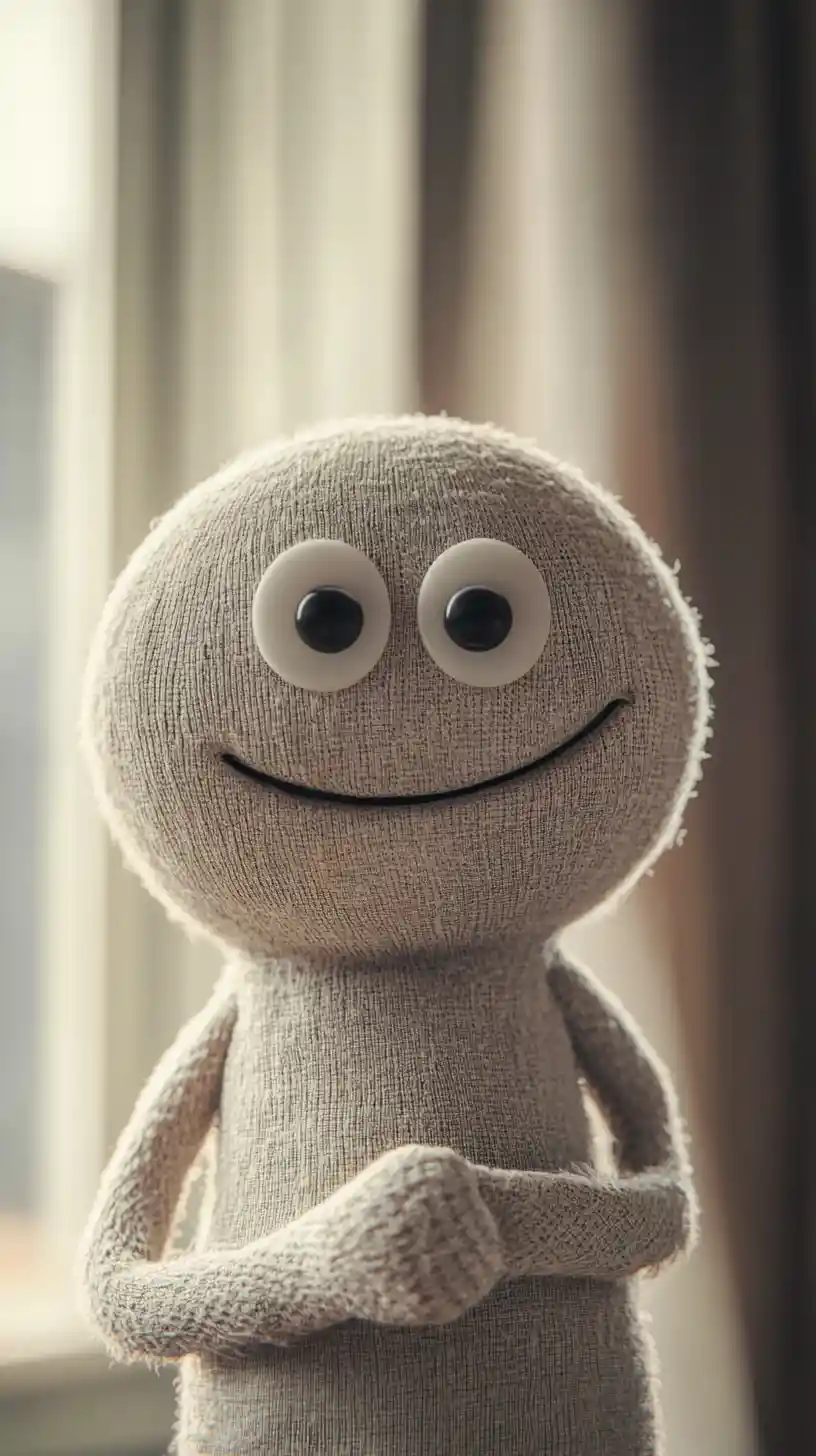 Cute sock puppet character in a cozy pastel room