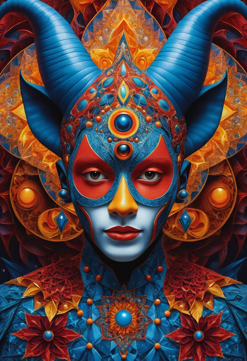 Surreal Cosmic Jester Portrait With Fractal Mask