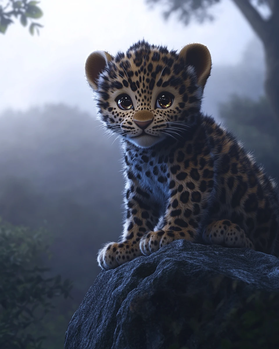 Baby leopard cub on rocky ledge in misty forest dawn