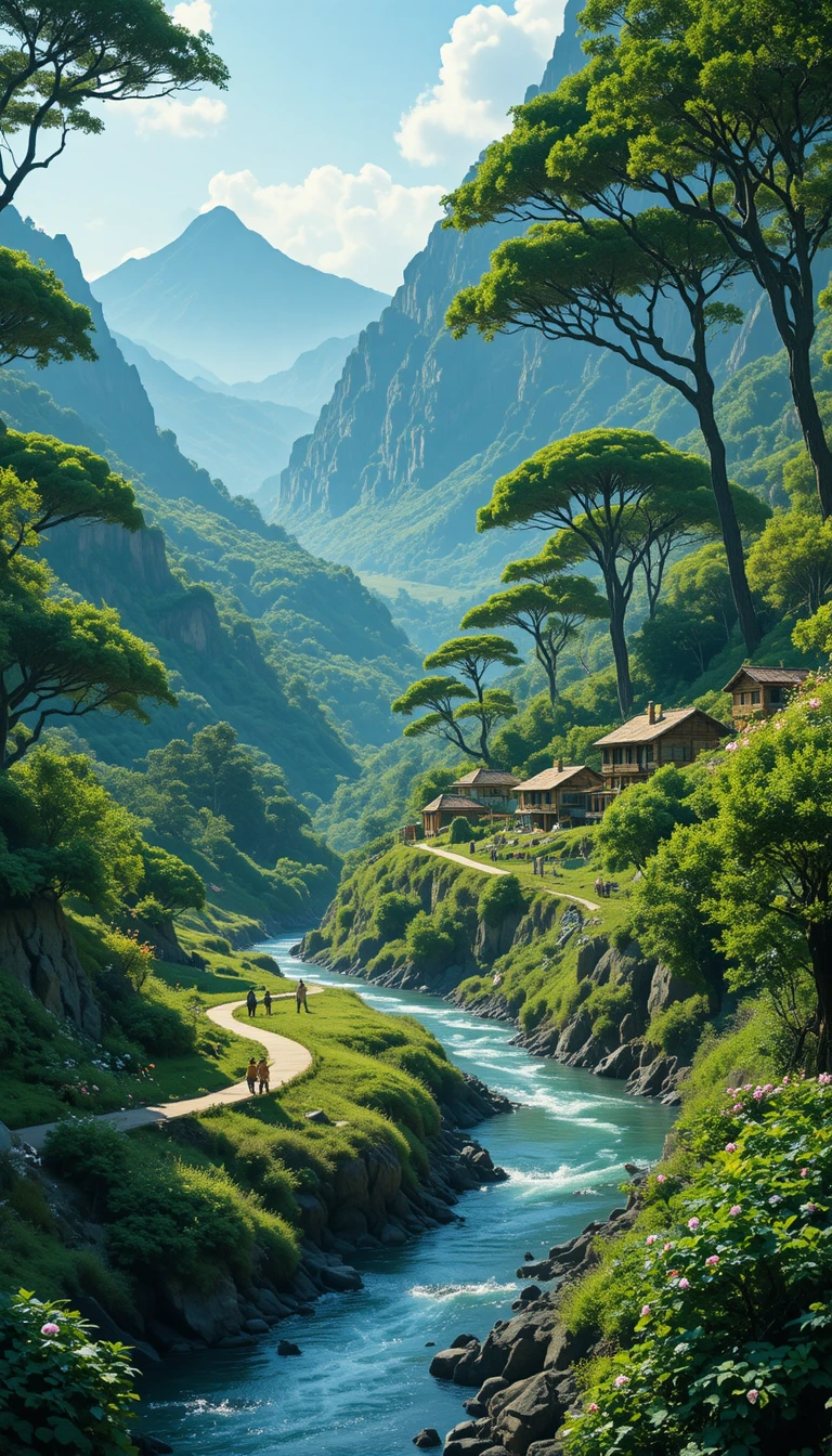 Lush green village path winding through the mountain valley