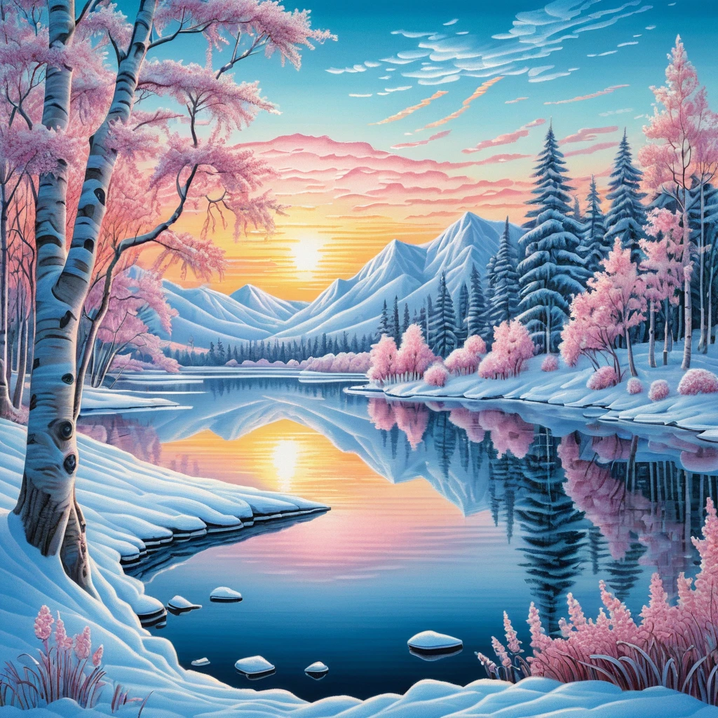 Pradera invernal de abedules con amanecer sobre un lago distante