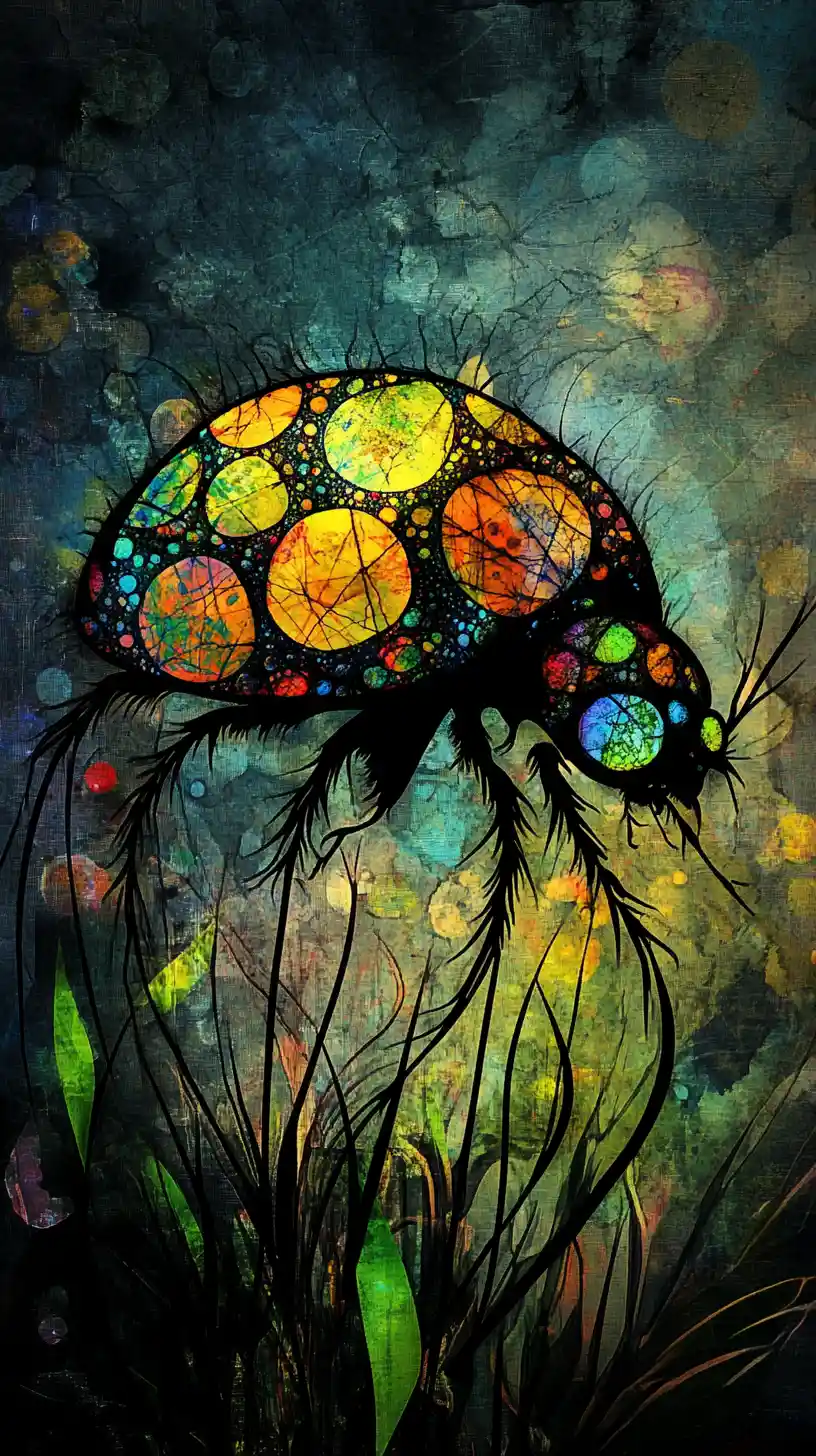 Surreal abstract ladybug with grass body and leaf detail