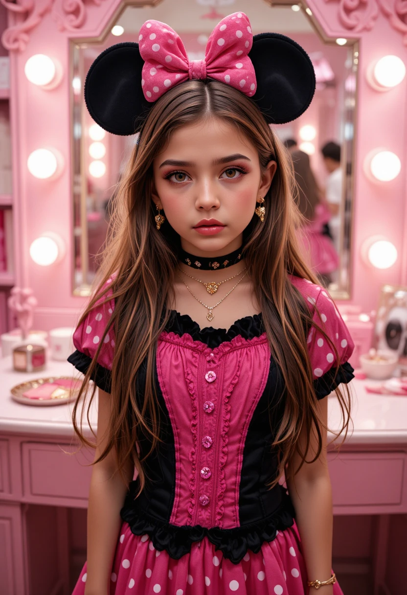 Niño preadolescente ansioso disfrazado de Minnie Mouse en boutique